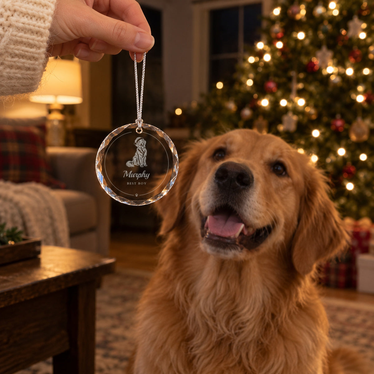 Hand holding a personalized dog ornament by its cord as a smiling golden retriever looks up, engraved with a golden retriever, Murphy and Best Boy