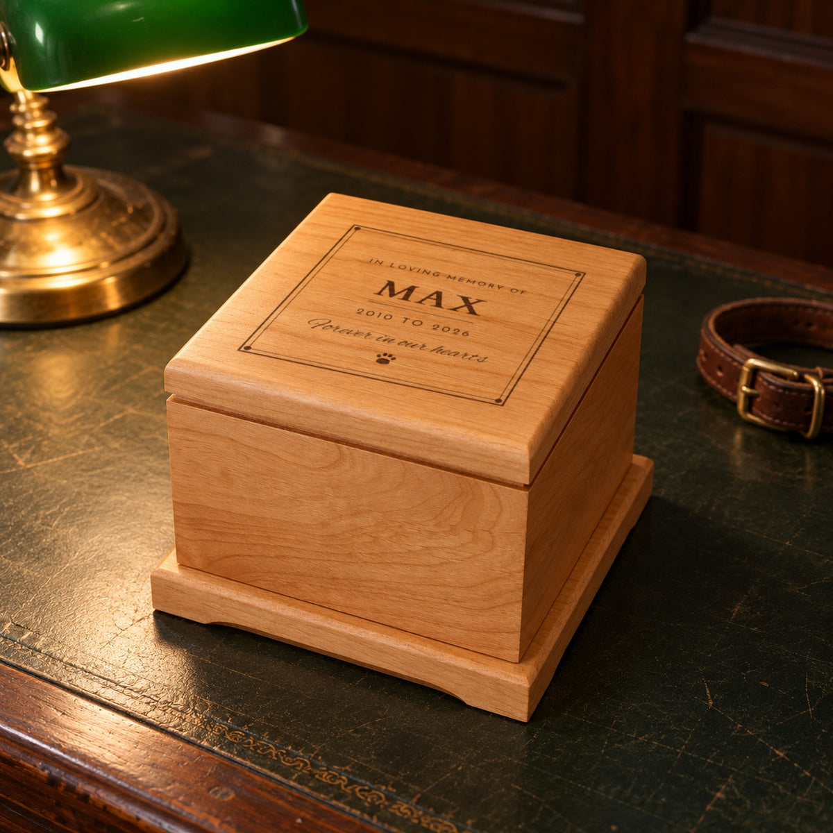 Personalized in loving memory pet urn on a leather desk beside a brass lamp and a dog collar, the lid engraved with Max, 2010 to 2026 and Forever in our hearts