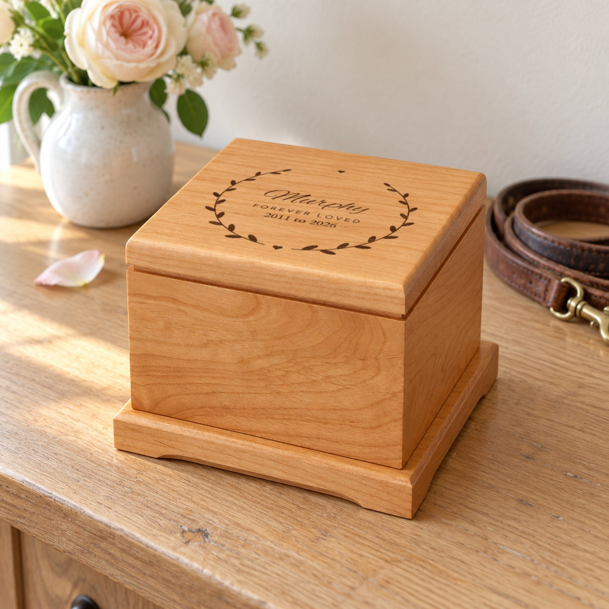 Personalized wooden pet urn on an oak entry table beside pale roses and a leather leash, the lid engraved with Murphy, Forever Loved and 2011 to 2026 in a leaf wreath