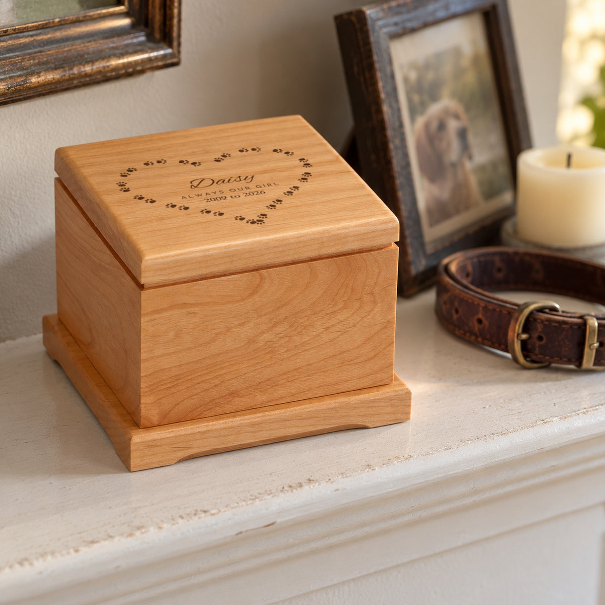 Personalized wooden pet urn on a white mantel beside a dog's photo and leather collar, the lid engraved with Daisy, Always Our Girl and 2009 to 2026 in paw prints