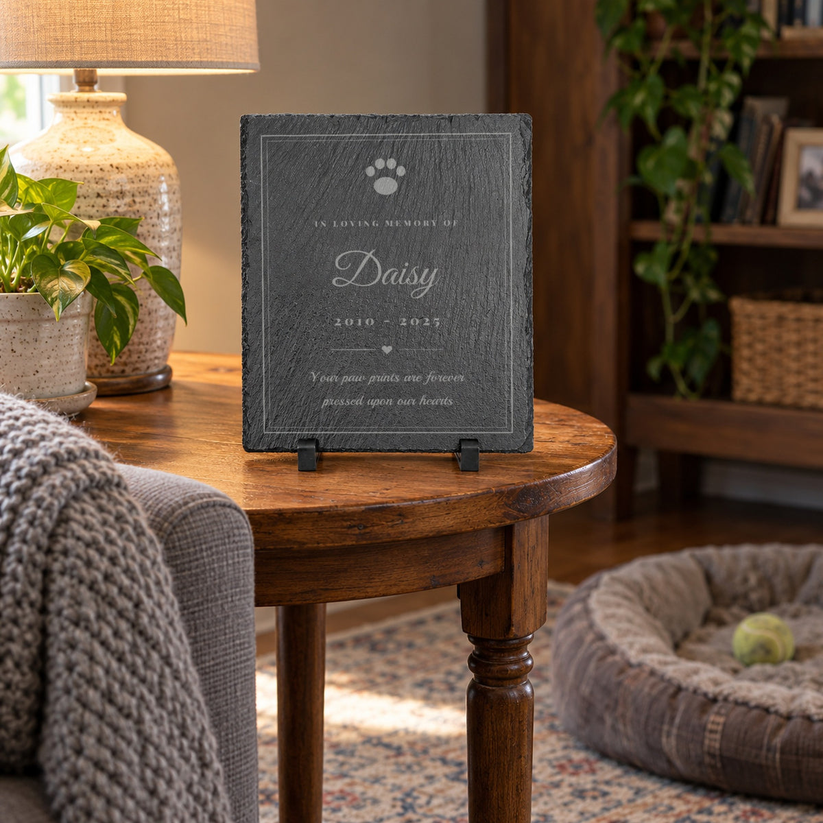 Personalized pet memorial stone plaque engraved Daisy 2010 - 2025 on a side table beside an armchair, with an empty dog bed and tennis ball below