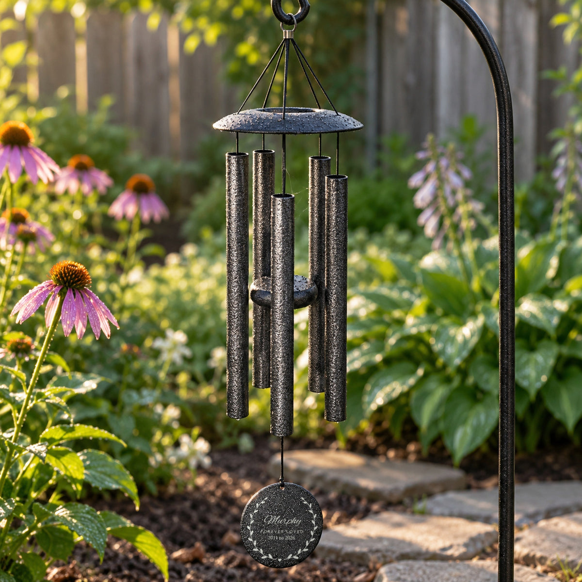 Personalized pet memorial wind chime in black hanging from a shepherd's hook in a flower garden, its disc engraved with Murphy, Forever Loved and 2011 to 2026