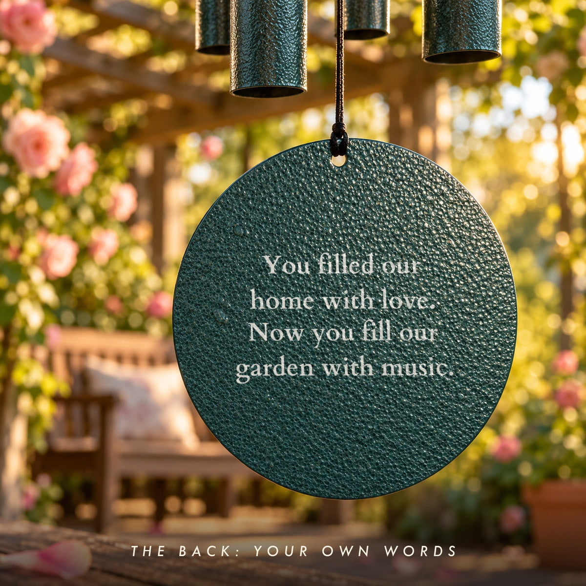 Back of a green dog memorial wind chime disc engraved with You filled our home with love. Now you fill our garden with music, under a rose pergola