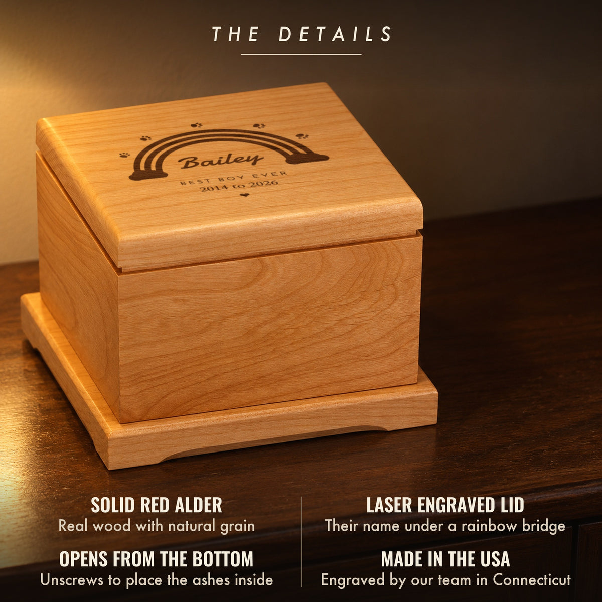 Details of the rainbow bridge pet urn: solid red alder, a laser engraved lid reading Bailey, Best Boy Ever, 2014 to 2026, opens from the bottom, made in the USA
