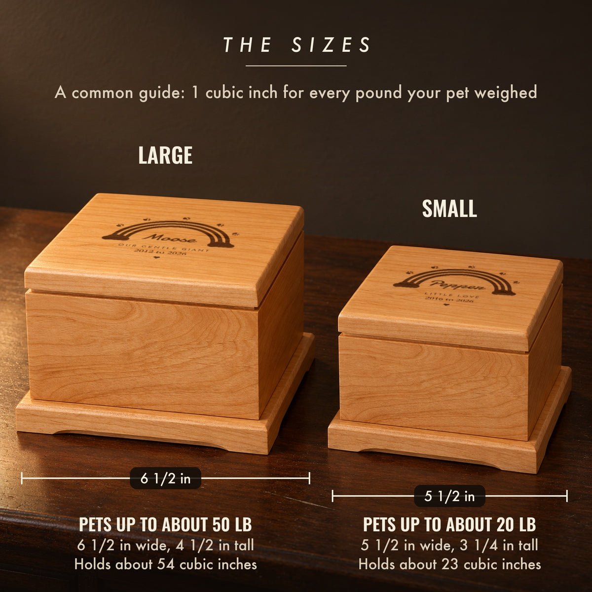 Small and large rainbow bridge pet urns side by side: the large is 6 1/2 inches for pets up to about 50 lb, the small 5 1/2 inches for pets up to about 20 lb