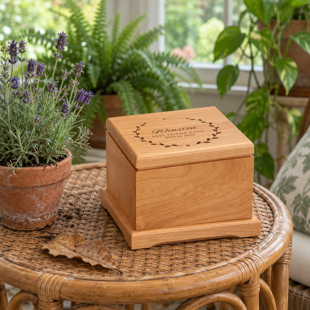 Wooden pet urn for a dog or cat on a rattan table in a sunroom beside potted lavender, the lid engraved with Winston, Best Friend Ever, 2012 to 2026